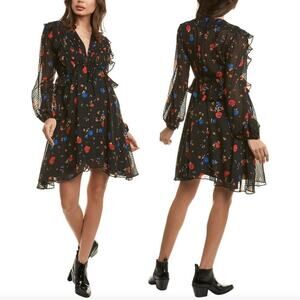 NWT The Kooples Daydream Flowers Black Silk Mini Dress EU 0/XS Tropical Resort